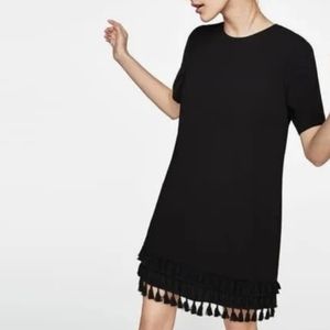 Zara Shift Dress Tiered Tassel Trimmed Hem Short Sleeve Fringed Flapper Black M